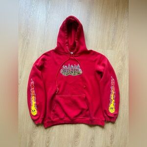 Vintage 90s Think Skateboards Flame Sleeve Hoodie Size Large L 1990s Red